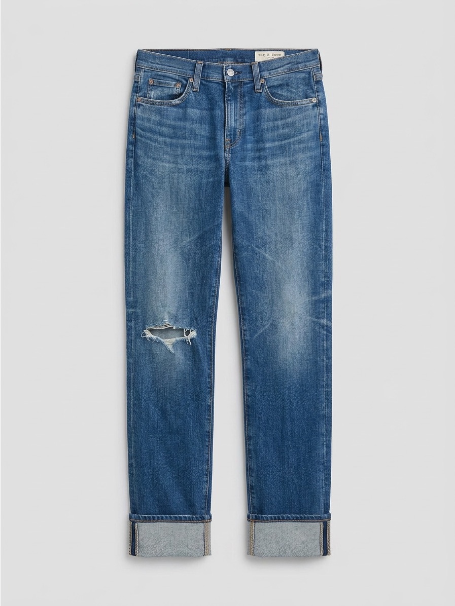 Rag & Bone Women's Medium Blue Straight-Leg Jeans Knee Distress Cuffed Raw Edge